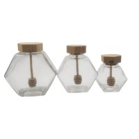 90ml 250ml 400ml Hexagon Glass Honey Jar With Wooden Lid With Stirring Rod